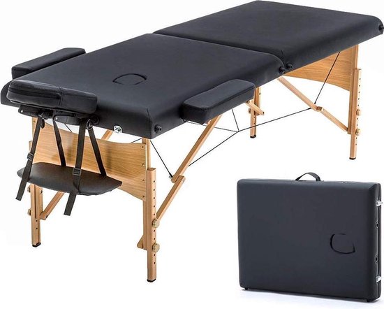 BestMassage MT-T1-Black - Massage table, portable massage bed, length 186 cm, height adjustable, double folding, face cushion, carrying bag, black